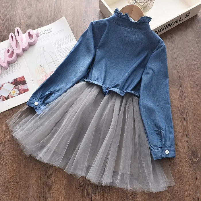 Rochie cu maneca lunga din denim si fusta din tulle gri [2]