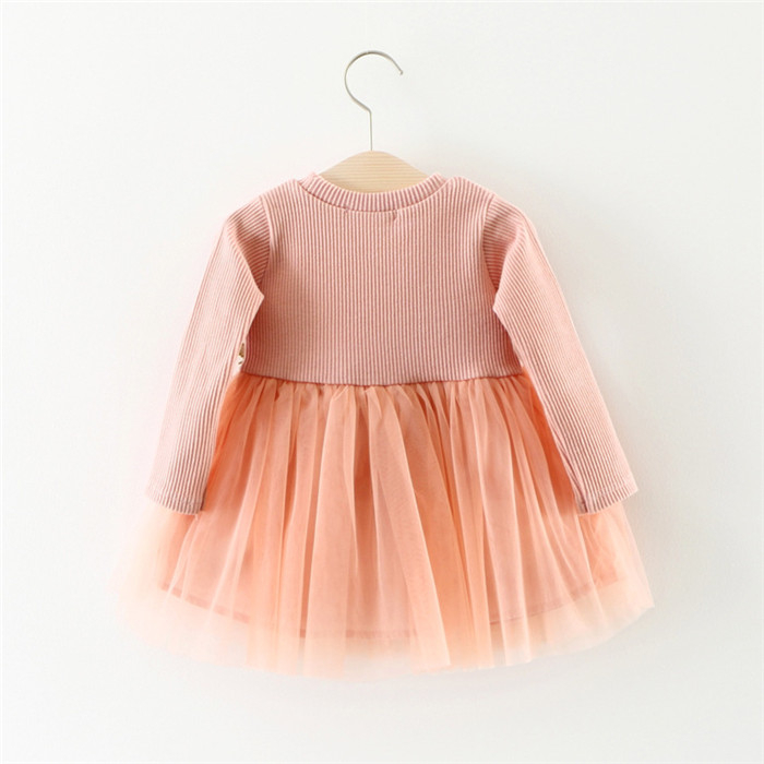 Rochie piersică manecă lungă cu tulle și flori în talie [2]