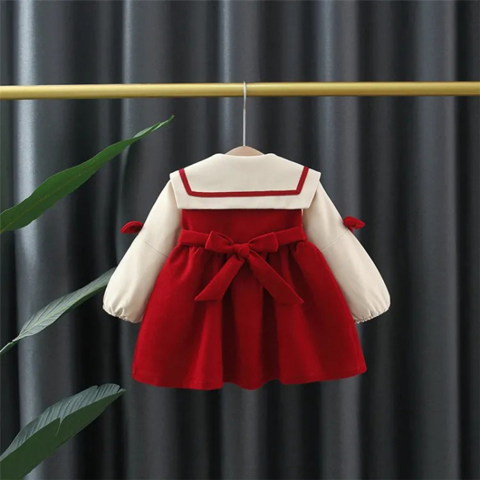 Rochie rosie cu guler contrast si fundita la spate [2]
