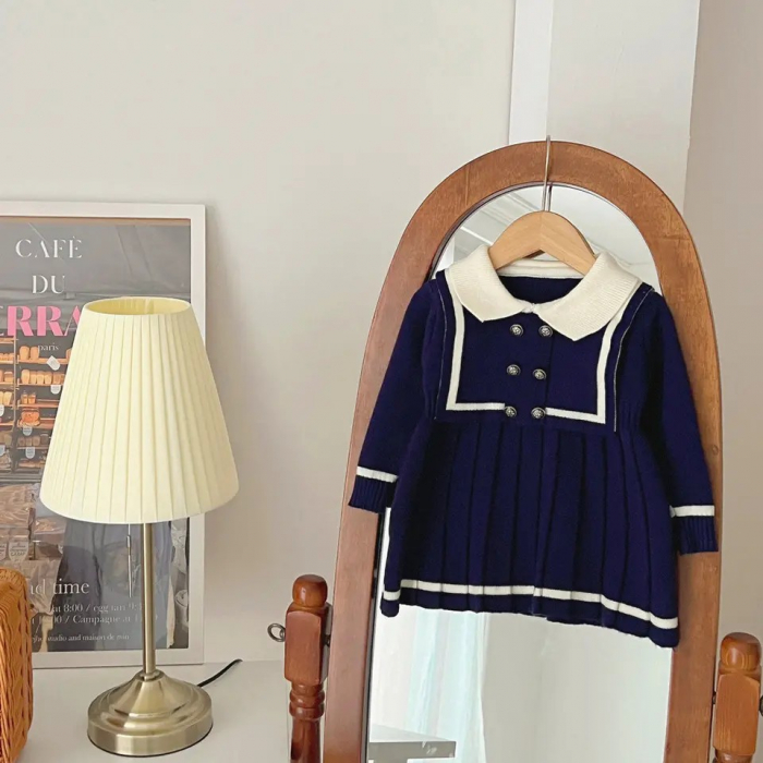 Rochie bleumarin din pulover model parizian cu guler si nasturi [3]