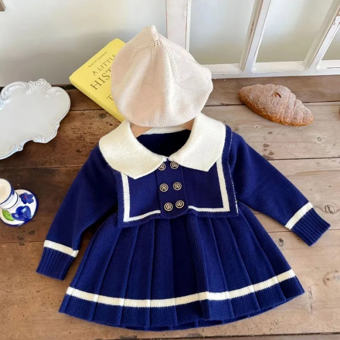 Rochie bleumarin din pulover model parizian cu guler si nasturi [4]