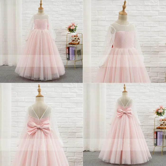 Rochie eleganta roz cu bulinute, maneci transparente si fusta din tulle [5]