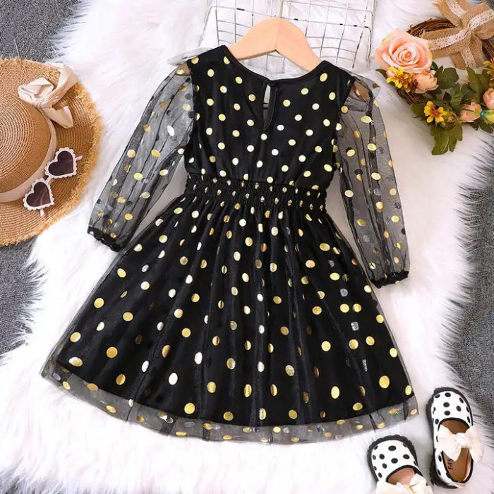Rochie eleganta neagra de voal cu bulinute aurii [2]