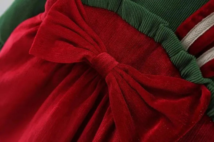 Rochie de catifea raiata rosie cu verde cu urechi de iepuras [4]
