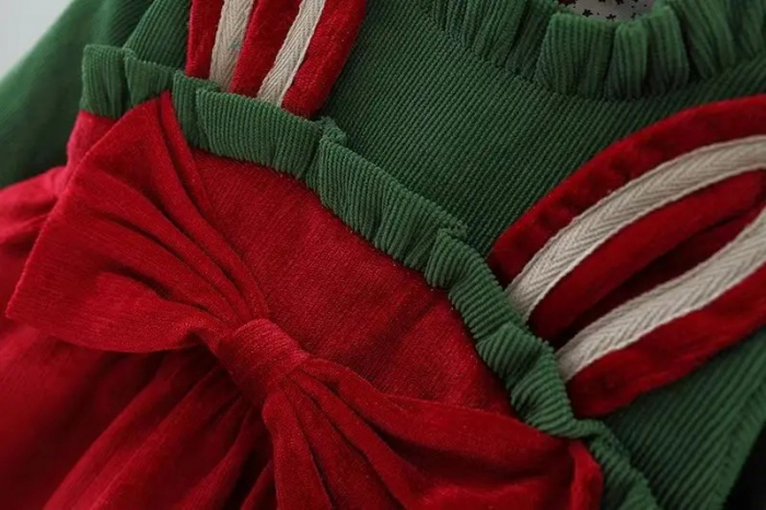 Rochie de catifea raiata rosie cu verde cu urechi de iepuras [3]