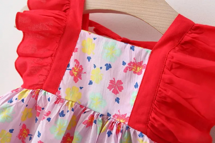 Rochita de vara roz cu volane si floricele rosii plus palarie inclusa [3]