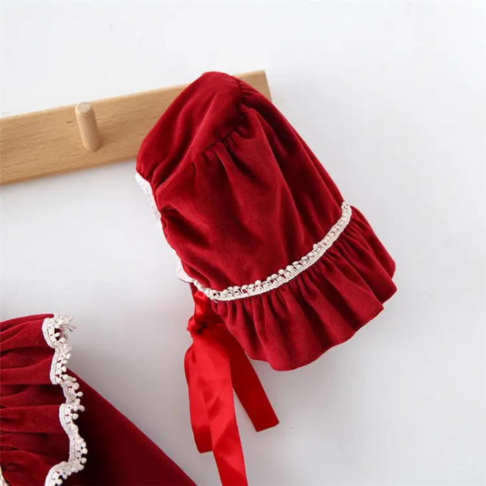 Rochie rosie de catifea cu dantela, volane si fundite [3]