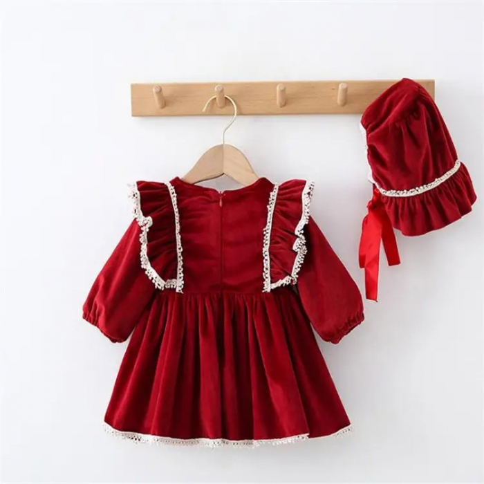 Rochie rosie de catifea cu dantela, volane si fundite [2]