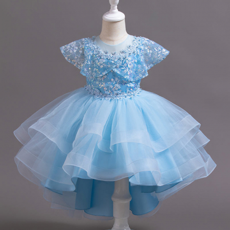 Rochițe de ocazie - Rochie bleu asimetrica de printesa cu paiete si maneca scurta