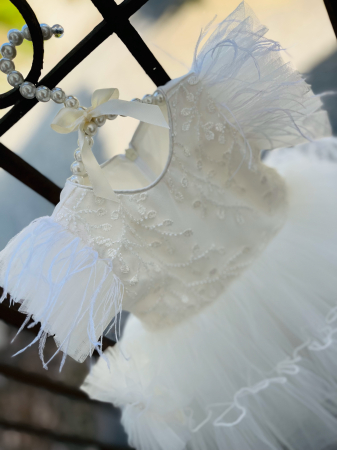 Rochie alba de botez cu floricele brodate, pene pe umeri si tulle plus bentita asortata [4]