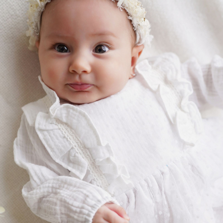 Premium - Rochie alba de botez din muselina, Thea