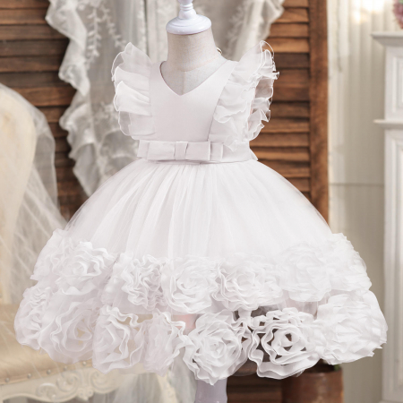 Rochițe de ocazie - Rochie alba de ocazie cu volane, broderie si fundita in talie