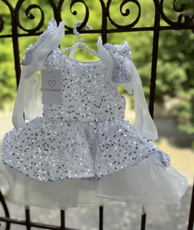 Rochițe de ocazie - Rochie alba de ocazie cu paiete si fundite la umeri