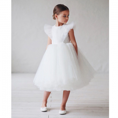 Rochie albă de ocazie cu spatele transparent, volane și tulle [1]