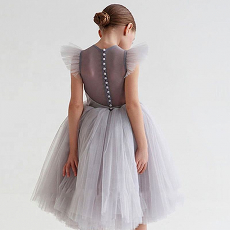 Rochițe de ocazie - Rochie gri de ocazie cu spatele transparent, volane și tulle