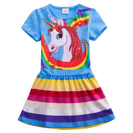 Rochițe primăvară - vară - rochie-albastra-cu-maneca-scurta-unicorn-si-curcubeu.jpg