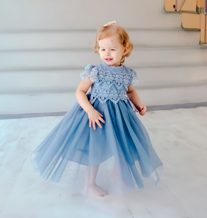 Rochițe de ocazie - Rochie albastra de printesa cu floricele brodate