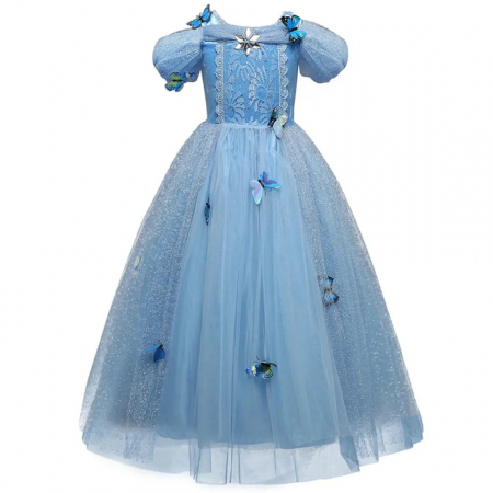 Rochie albastra lunga de printesa cu fluturasi aplicati si tulle [2]