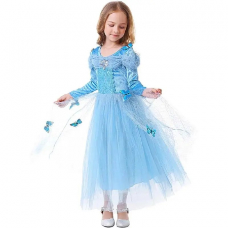 Rochițe de ocazie - Rochie albastra lunga de printesa cu maneca lunga, fluturasi aplicati si tulle