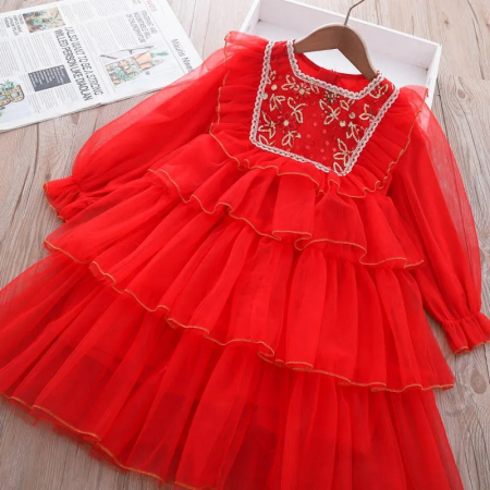 Rochițe de ocazie - Rochie de ocazie rosie cu volane din tulle