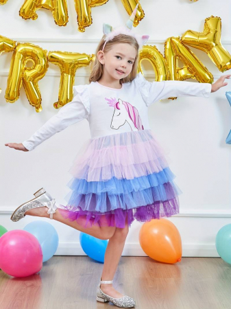 Rochițe de ocazie - Rochie alba cu unicorn si tulle cu volane colorate