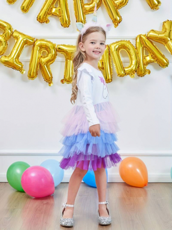 Rochie alba cu unicorn si tulle cu volane colorate [2]
