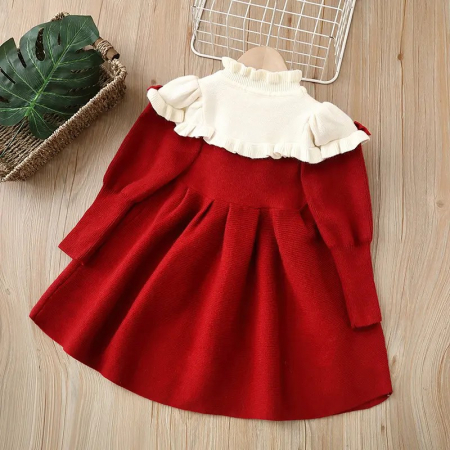 Rochie pulover rosie cu guler barcuta alb si fundite adorabile [1]