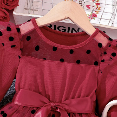 Rochie rosie cu buline, tulle si fundita in talie [2]