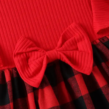 Rochie rosie cu fusta cu carouri si fundita [2]