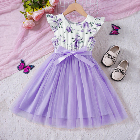 Rochițe primăvară - vară - Rochie cu floricele si fusta din tulle mov