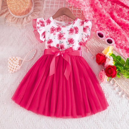 Rochițe primăvară - vară - Rochie cu floricele si fusta din tulle fucsia