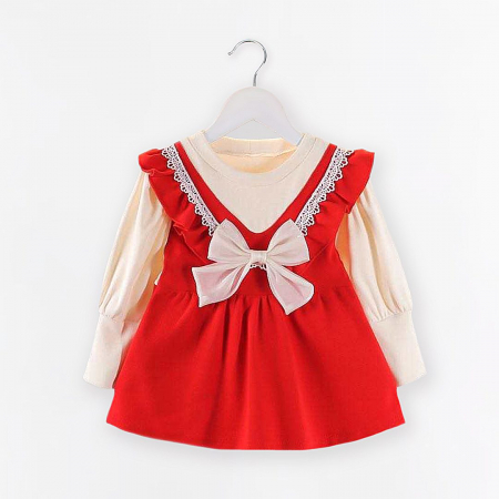 Rochițe primăvară - vară - Rochie rosie cu maneci albe si fundita