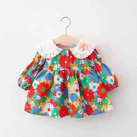 Rochițe toamnă - iarnă - Rochie vesela cu floricele colorate si guler cu dantela
