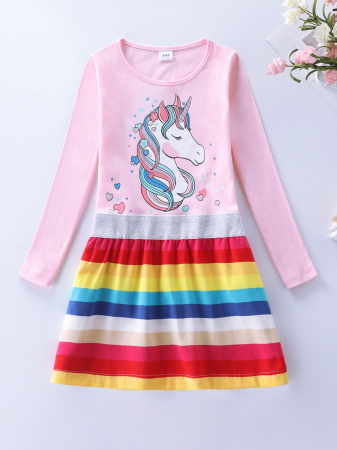 Rochițe toamnă - iarnă - rochie-roz-cu-unicorn-si-fusta-curcubeu.jpg