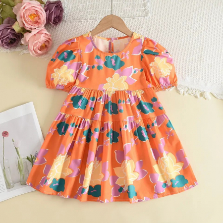 Rochițe primăvară - vară - Rochie portocalie cu floricele
