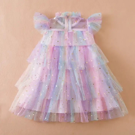 Rochițe de ocazie - Rochie roz de printesa cu volane din tulle si sectiuni transparente