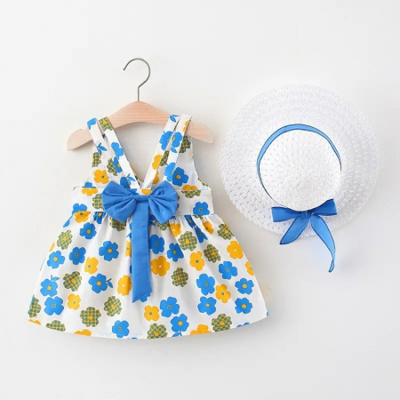 Rochițe primăvară - vară - Rochie de vacanta cu flori colorate, funda albastra si palarie inclusa