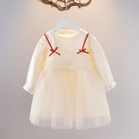 Rochițe de ocazie - Rochie diafana ivoire cu tulle si detalii rosii