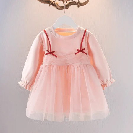 Rochițe de ocazie - Rochie diafana roz cu tulle si detalii rosii