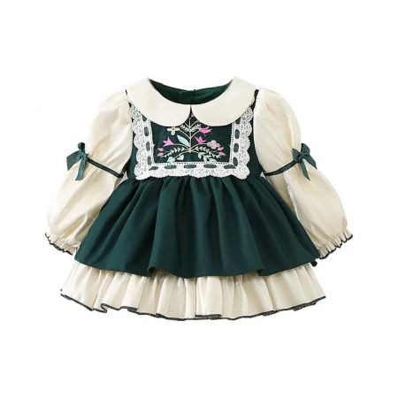 Rochie verde cu volane albe, dantela si floricele brodate [2]