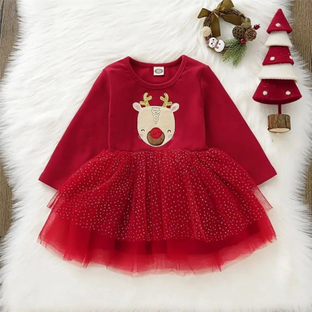 Rochițe toamnă - iarnă - Rochie rosie cu ren si fusta din tulle