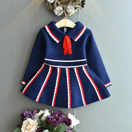 Rochițe toamnă - iarnă - Rochie bleumarin model parizian cu rosu si alb