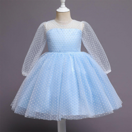 Rochițe de ocazie - Rochie eleganta bleu cu bulinute, maneci transparente si fusta din tulle