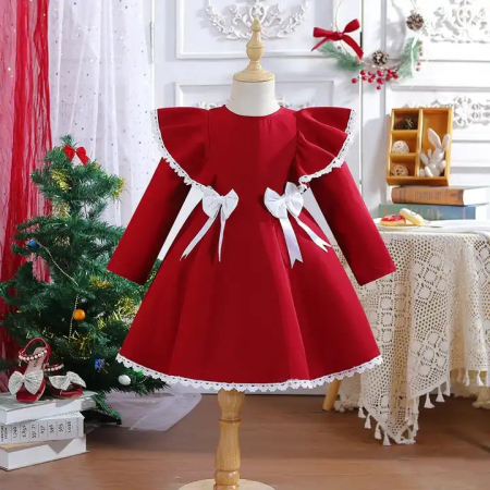 Rochițe toamnă - iarnă - Rochie bordo cu fundite, volane si broderie