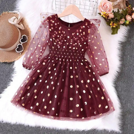 Rochițe de ocazie - Rochie eleganta bordo de voal cu bulinute aurii