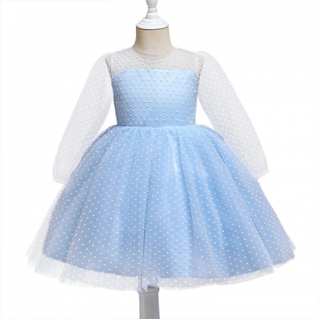 Rochie eleganta bleu cu bulinute, maneci transparente si fusta din tulle [2]