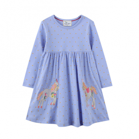 Rochițe toamnă - iarnă - Rochie cu mânecă lungă bleu cu unicorni și buline aurii