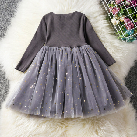 Rochițe toamnă - iarnă - Rochie lungă gri cu tulle cu steluțe