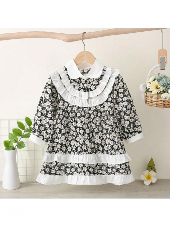 Rochițe toamnă - iarnă - Rochie cu floricele, volane si guler din dantela