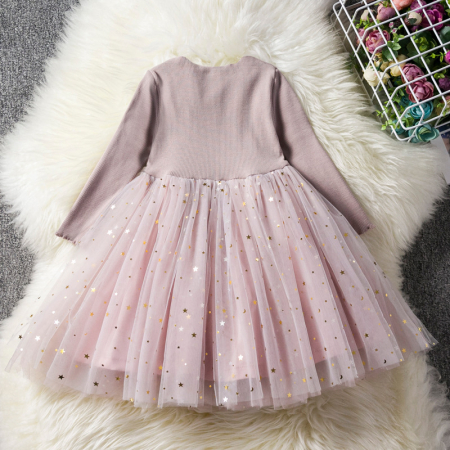 Rochițe toamnă - iarnă - Rochie lungă roz cu tulle cu steluțe